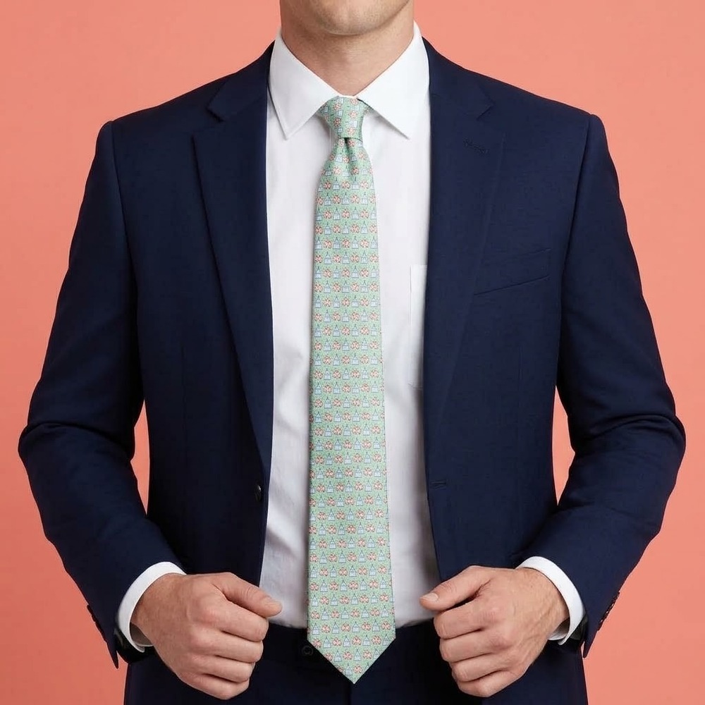 Vineyard Vines Georgetown Capitol Cherry Blossom Silk Tie Mens Green EUC